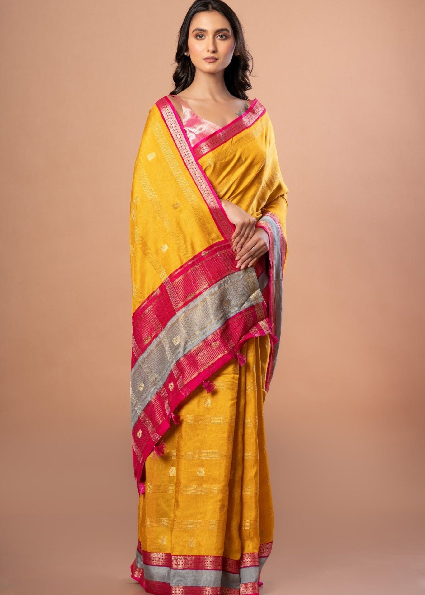 Bright Yellow Silk Saree with Pink and Gyey Border - Anvi Couture