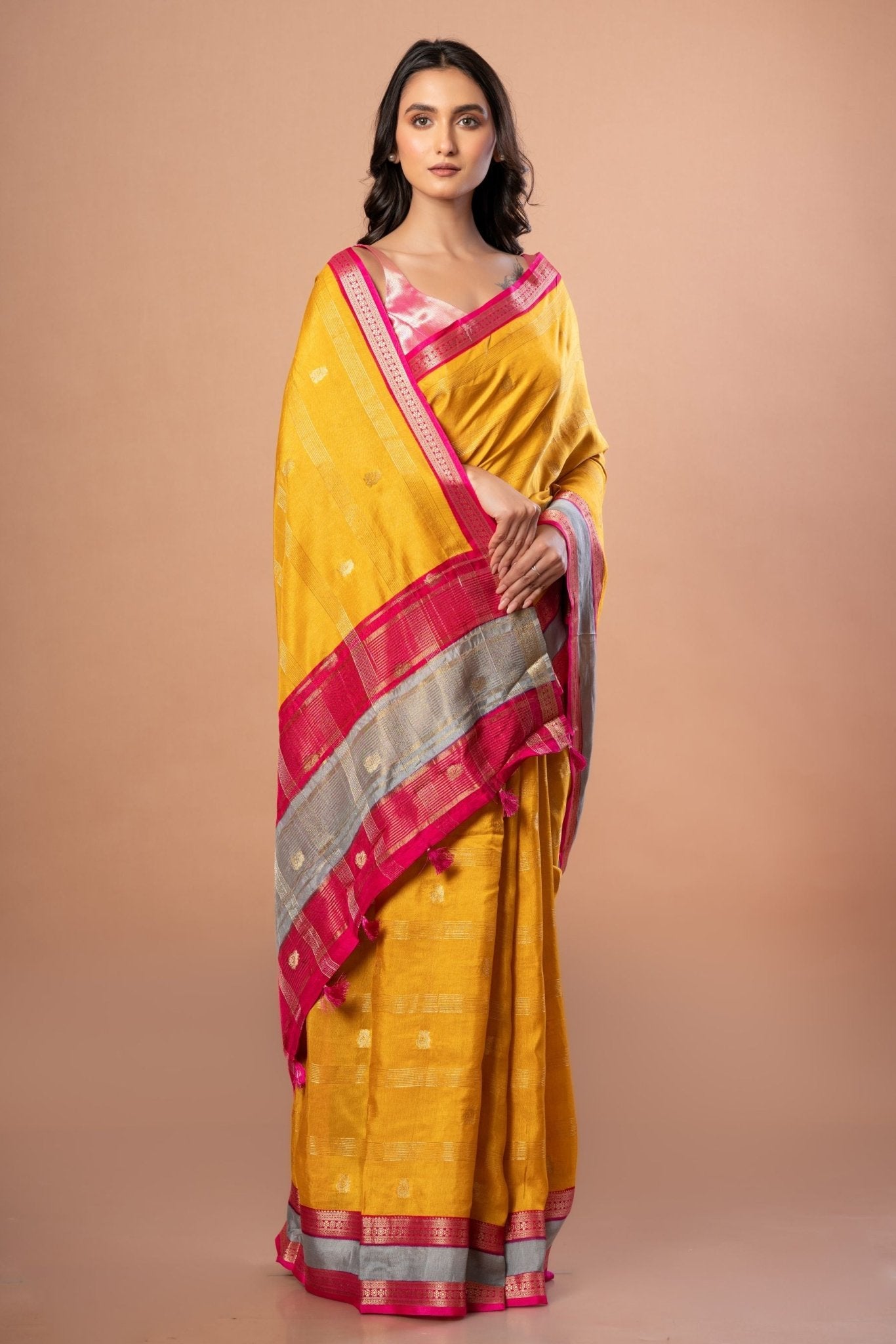 Bright Yellow Silk Saree with Pink and Gyey Border - Anvi Couture
