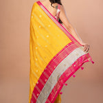 Bright Yellow Silk Saree with Pink and Gyey Border - Anvi Couture