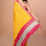 Bright Yellow Silk Saree with Pink and Gyey Border - Anvi Couture
