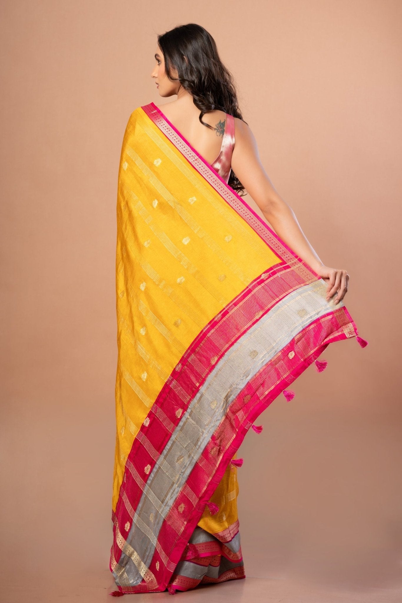 Bright Yellow Silk Saree with Pink and Gyey Border - Anvi Couture