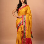 Bright Yellow Silk Saree with Red and Green Border - Anvi Couture