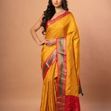 Bright Yellow Silk Saree with Red and Green Border - Anvi Couture