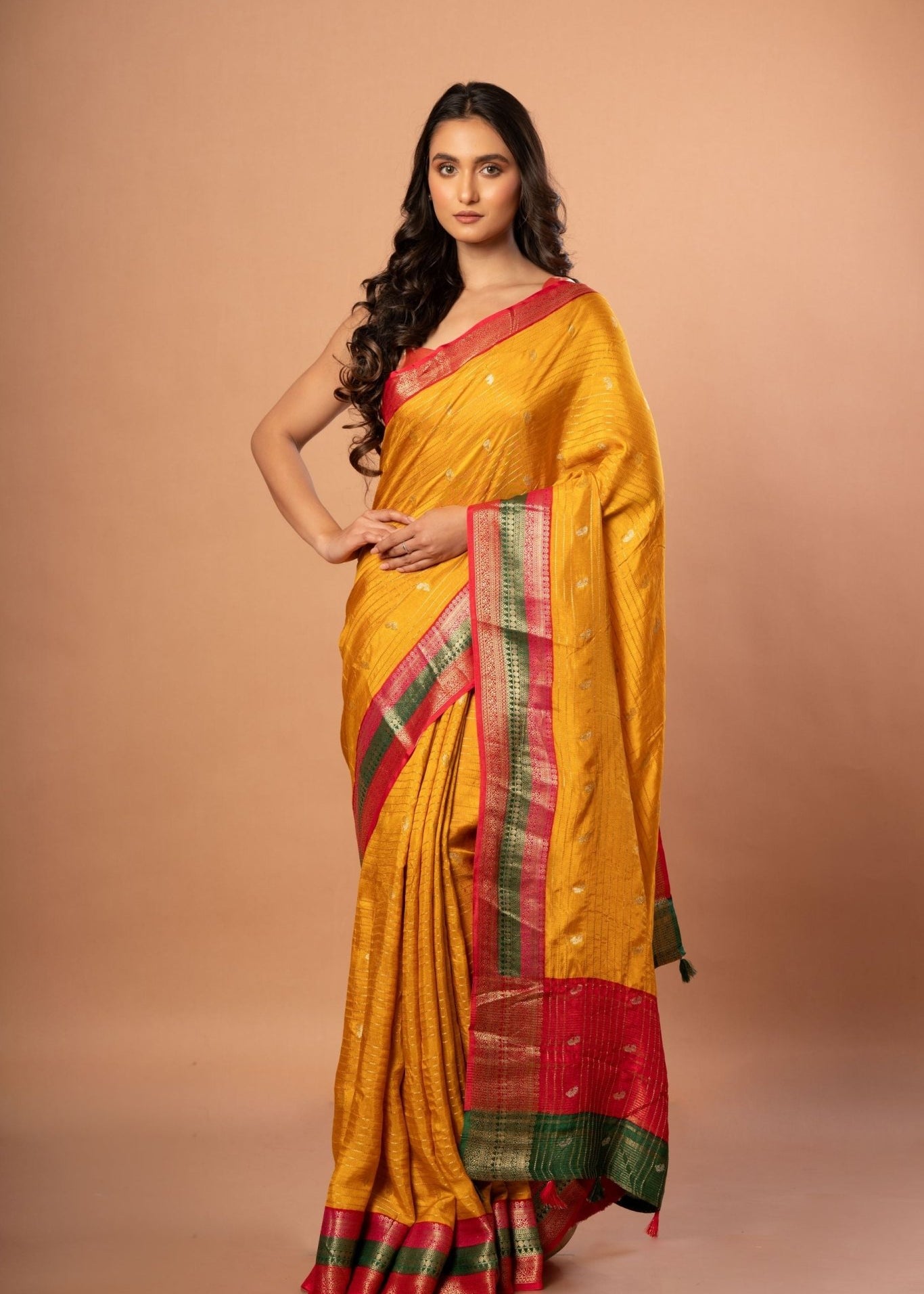 Bright Yellow Silk Saree with Red and Green Border - Anvi Couture