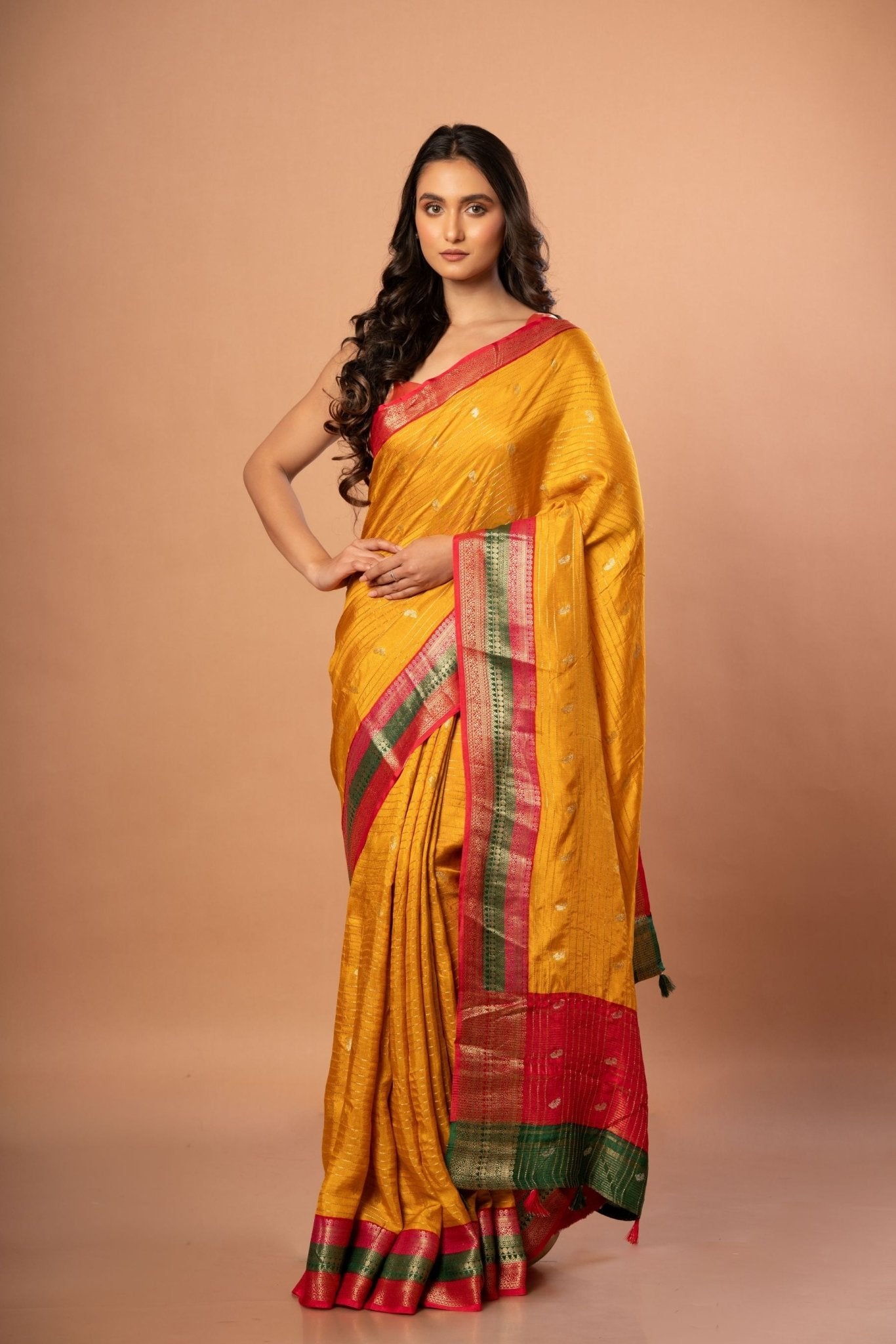 Bright Yellow Silk Saree with Red and Green Border - Anvi Couture