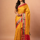 Bright Yellow Silk Saree with Red and Green Border - Anvi Couture
