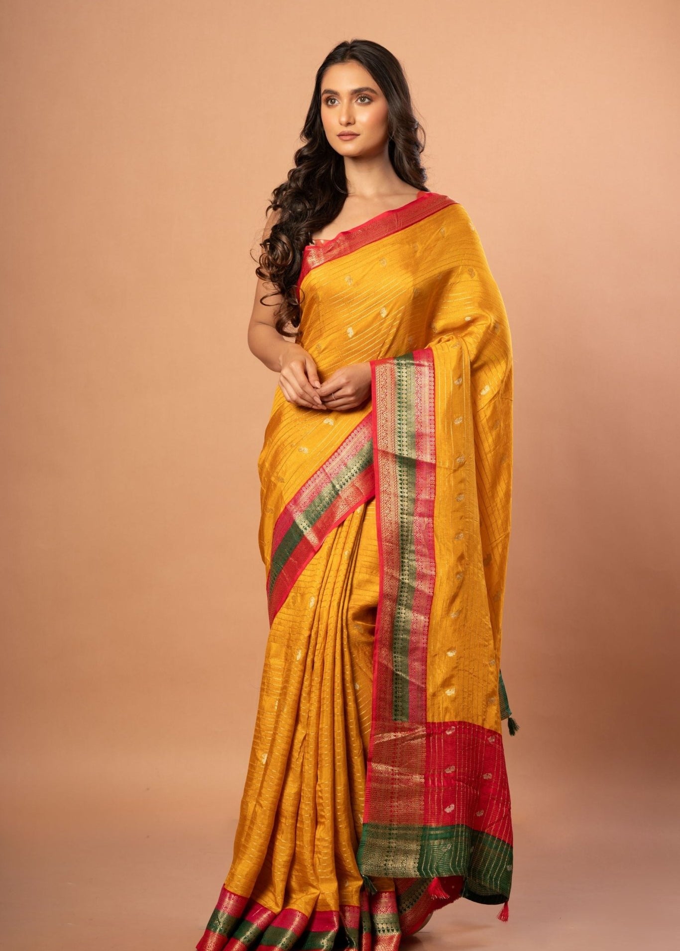 Bright Yellow Silk Saree with Red and Green Border - Anvi Couture