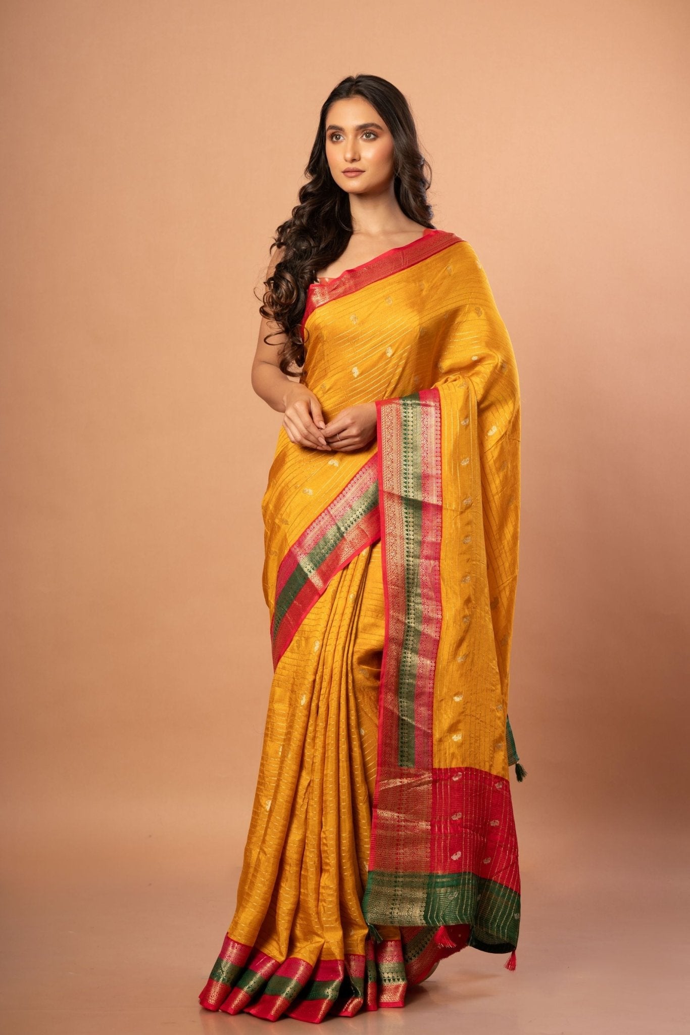 Bright Yellow Silk Saree with Red and Green Border - Anvi Couture