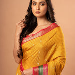 Bright Yellow Silk Saree with Red and Green Border - Anvi Couture
