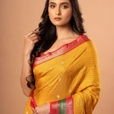 Bright Yellow Silk Saree with Red and Green Border - Anvi Couture