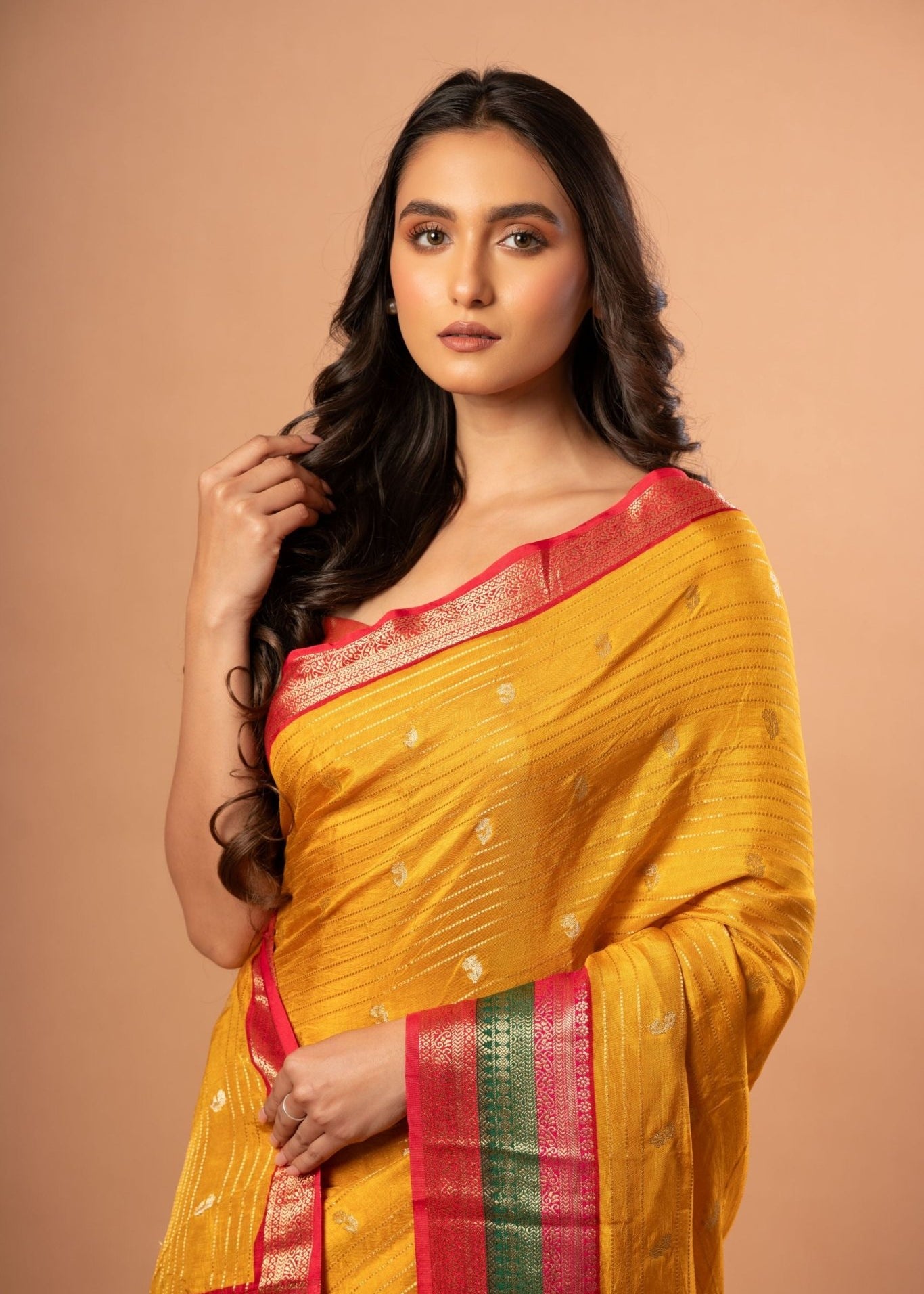 Bright Yellow Silk Saree with Red and Green Border - Anvi Couture