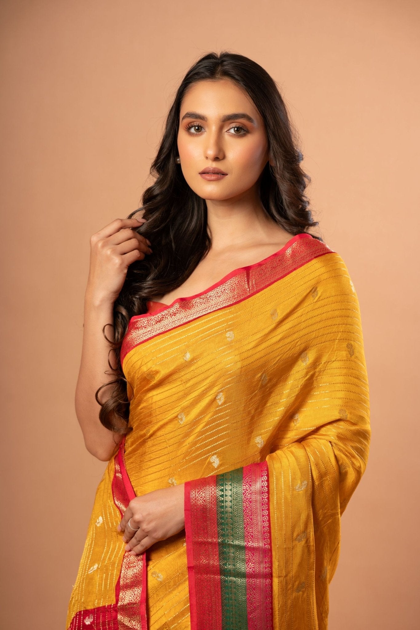 Bright Yellow Silk Saree with Red and Green Border - Anvi Couture