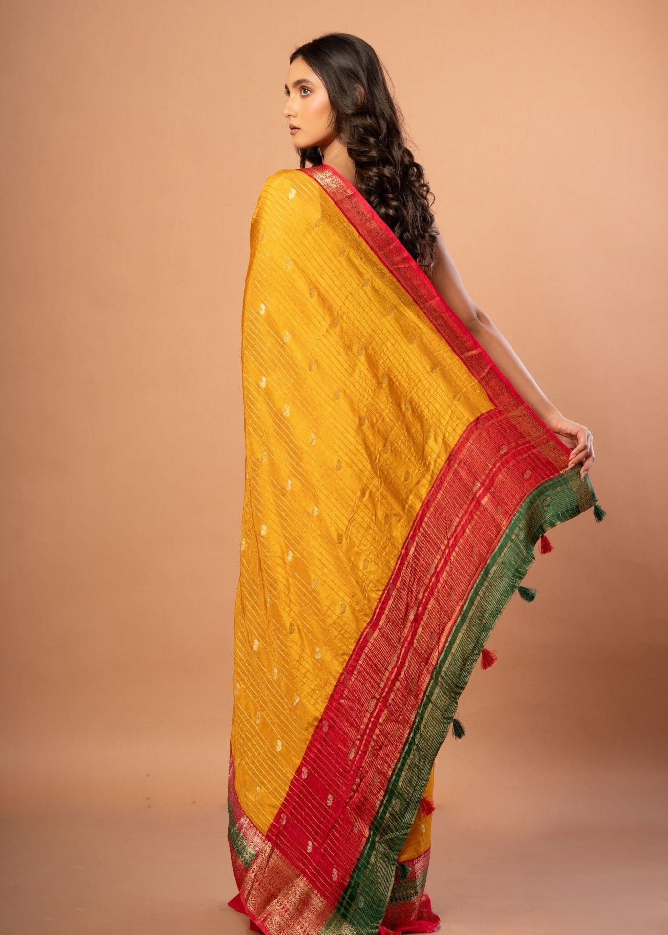 Bright Yellow Silk Saree with Red and Green Border - Anvi Couture