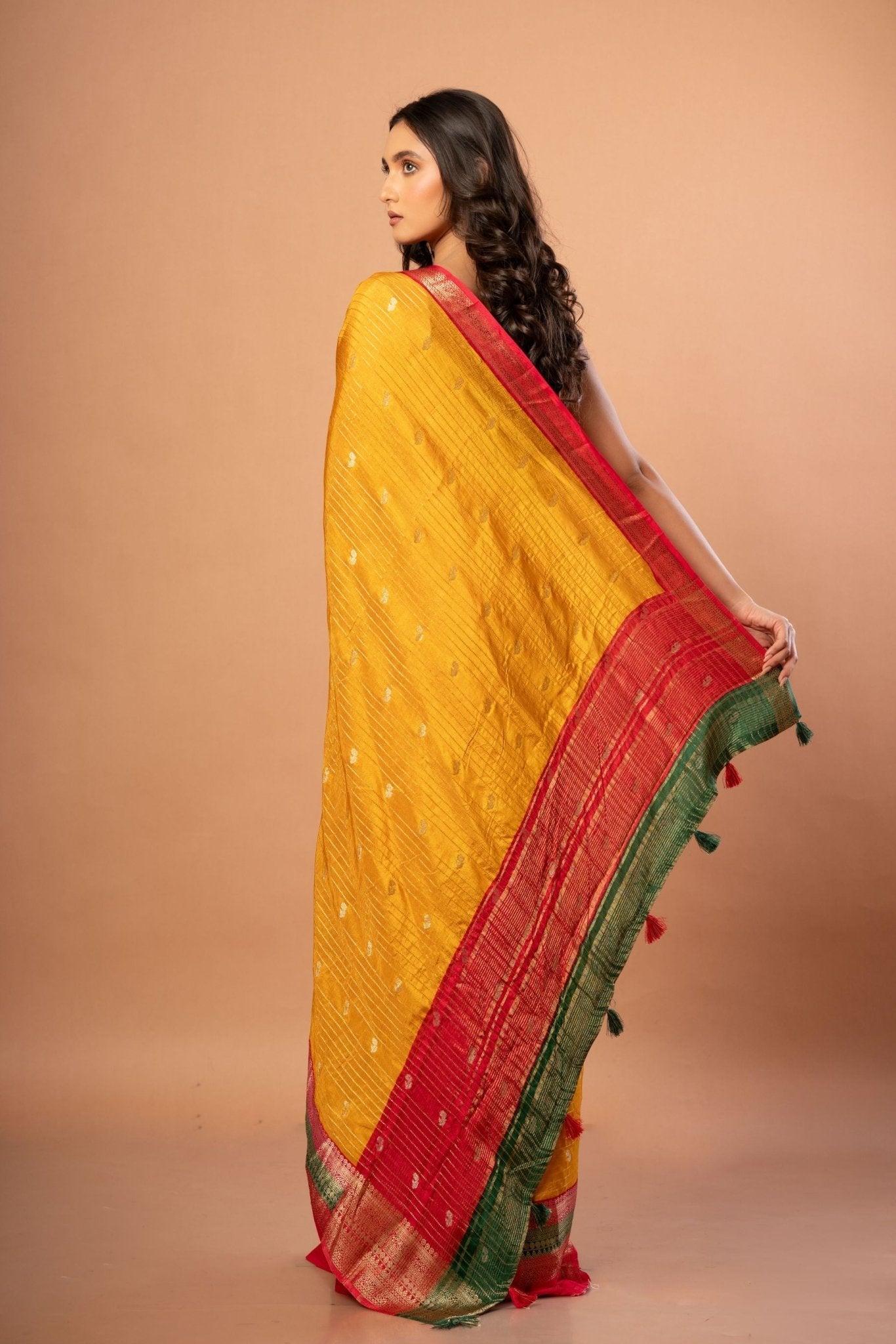 Bright Yellow Silk Saree with Red and Green Border - Anvi Couture