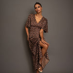 Brown Ajrakh  Midi Dress In Satin Silk Full