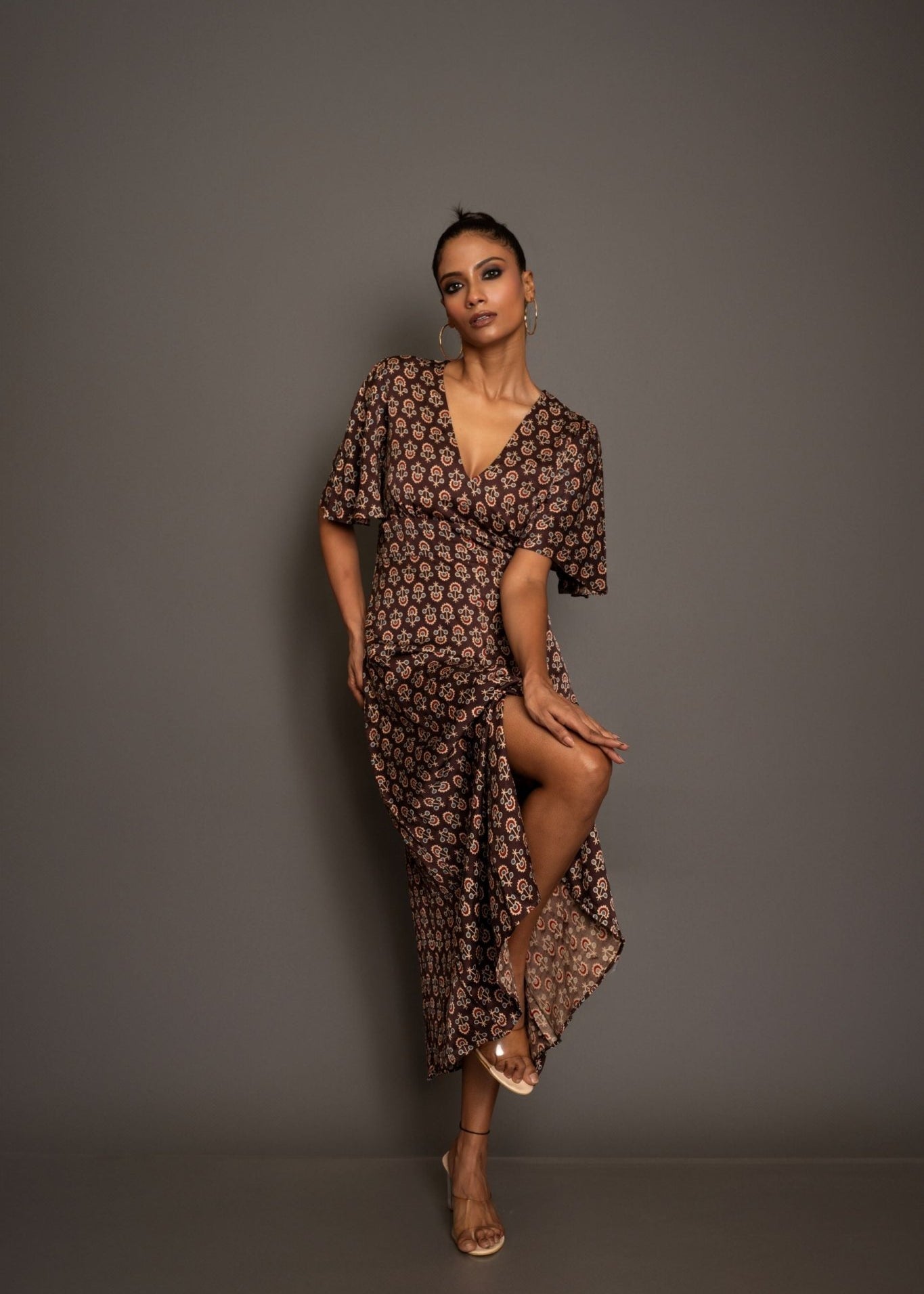 Brown Ajrakh Midi Dress In Satin Silk - Anvi Couture