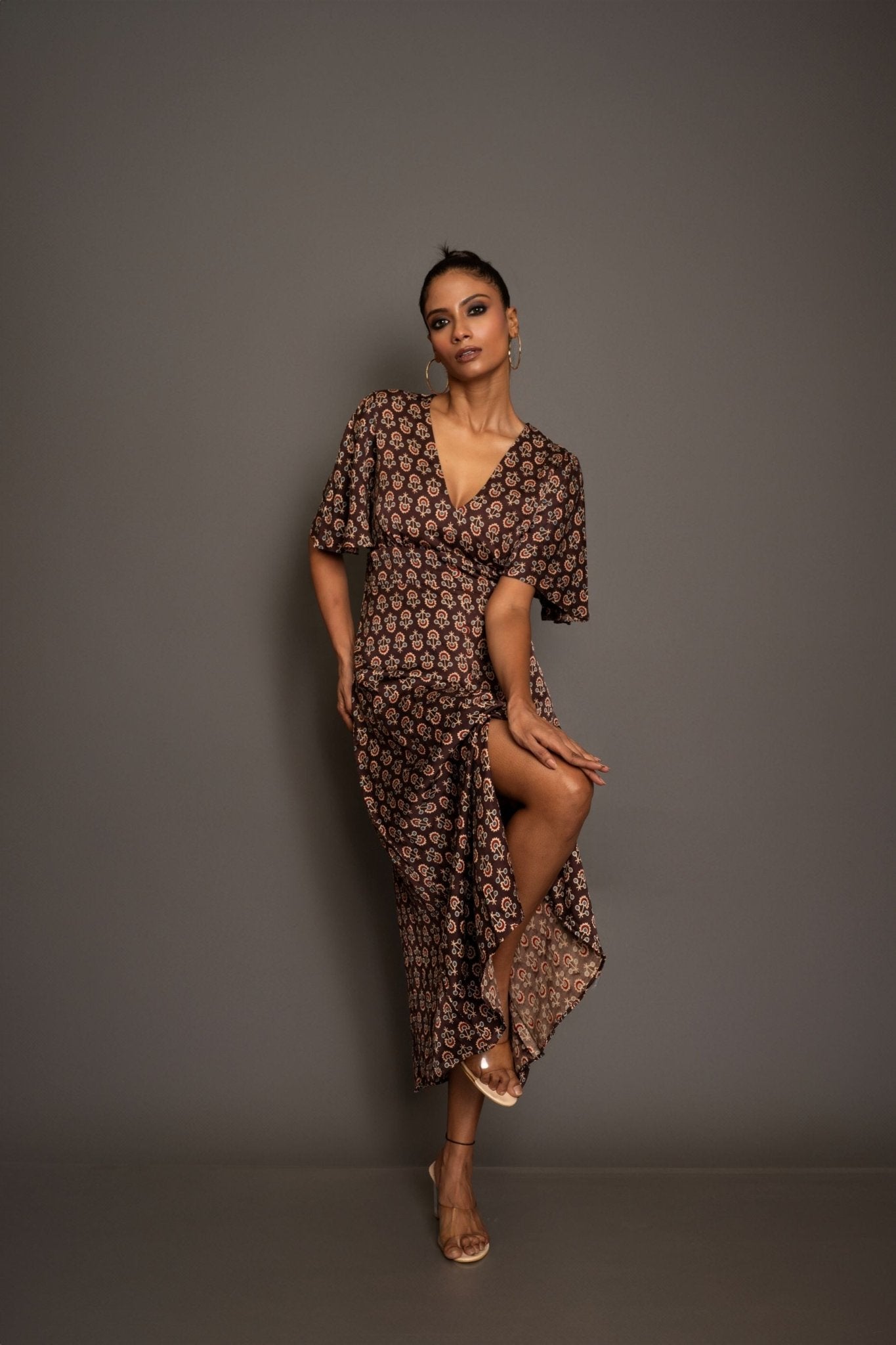 Brown Ajrakh Midi Dress In Satin Silk - Anvi Couture - Image 1