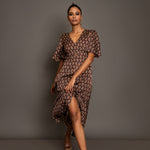 Brown Ajrakh  Midi Dress In Satin Silk Front