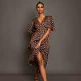 Brown Ajrakh  Midi Dress In Satin Silk Front