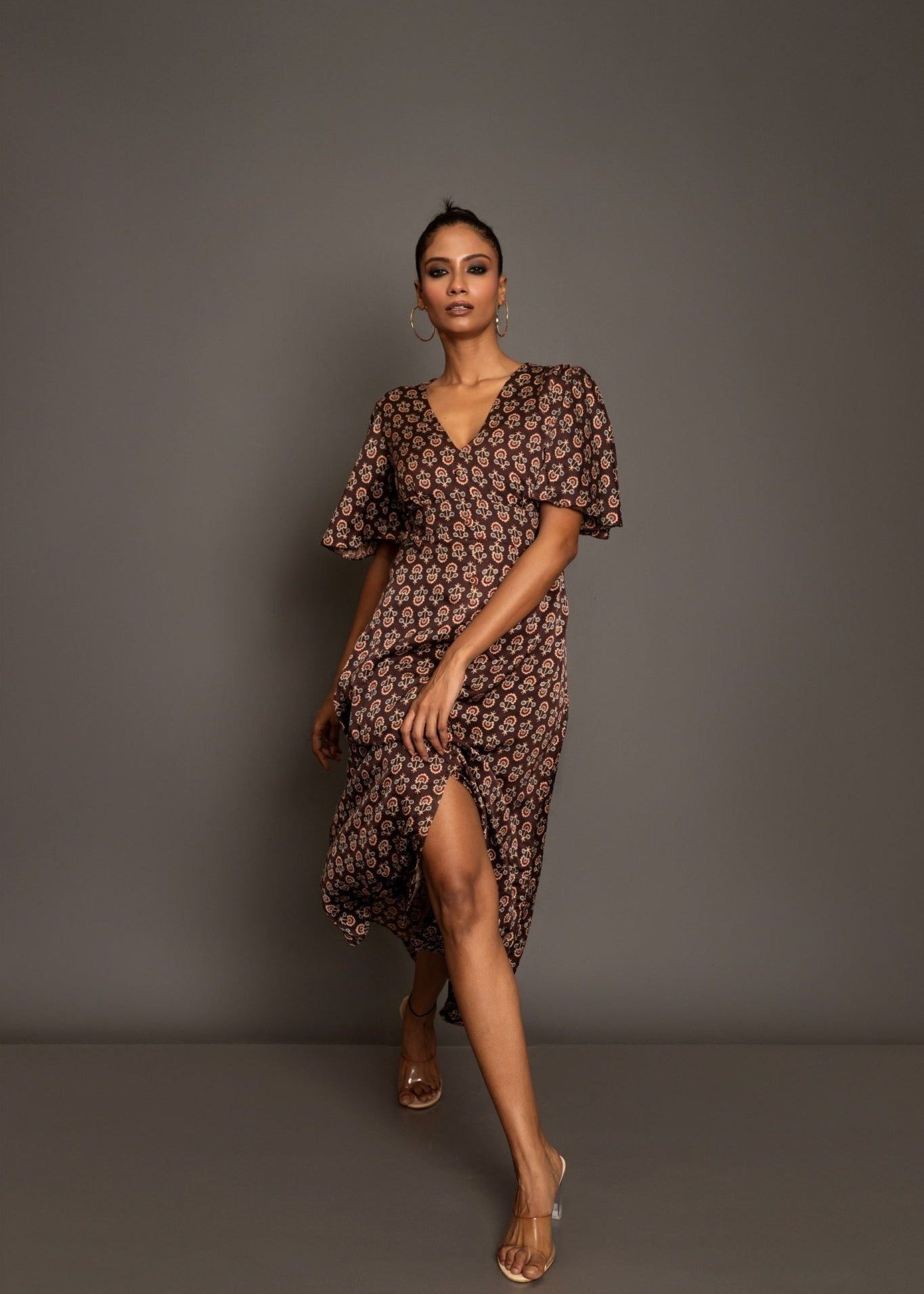 Brown Ajrakh Midi Dress In Satin Silk - Anvi Couture