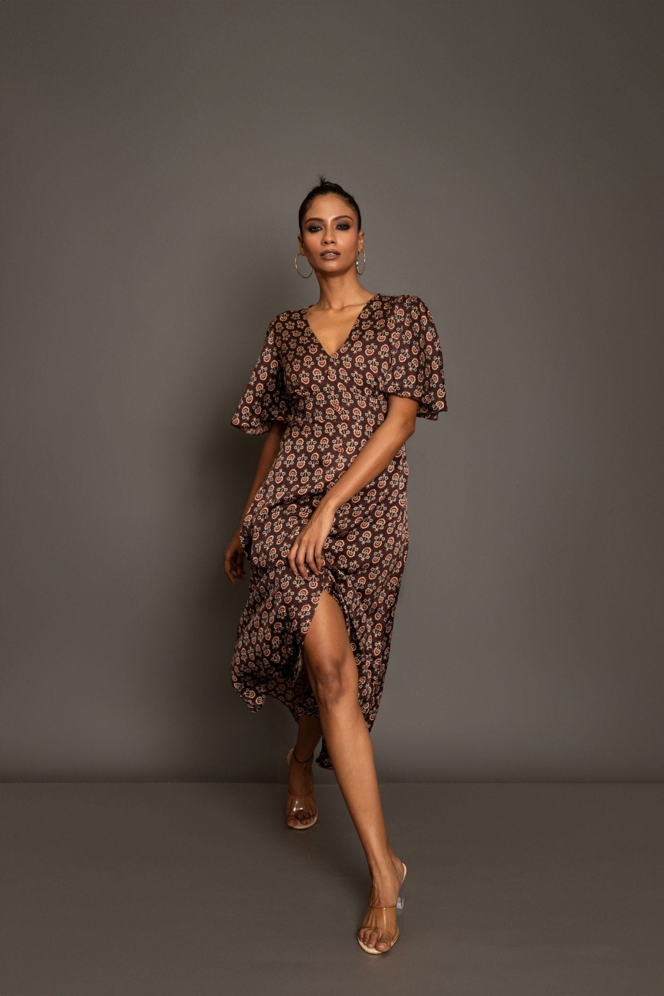 Brown Ajrakh Midi Dress In Satin Silk - Anvi Couture - Image 2