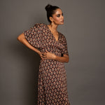 Brown Ajrakh  Midi Dress In Satin Silk Close Up