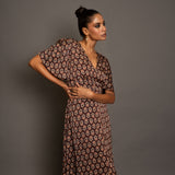 Brown Ajrakh  Midi Dress In Satin Silk Close Up