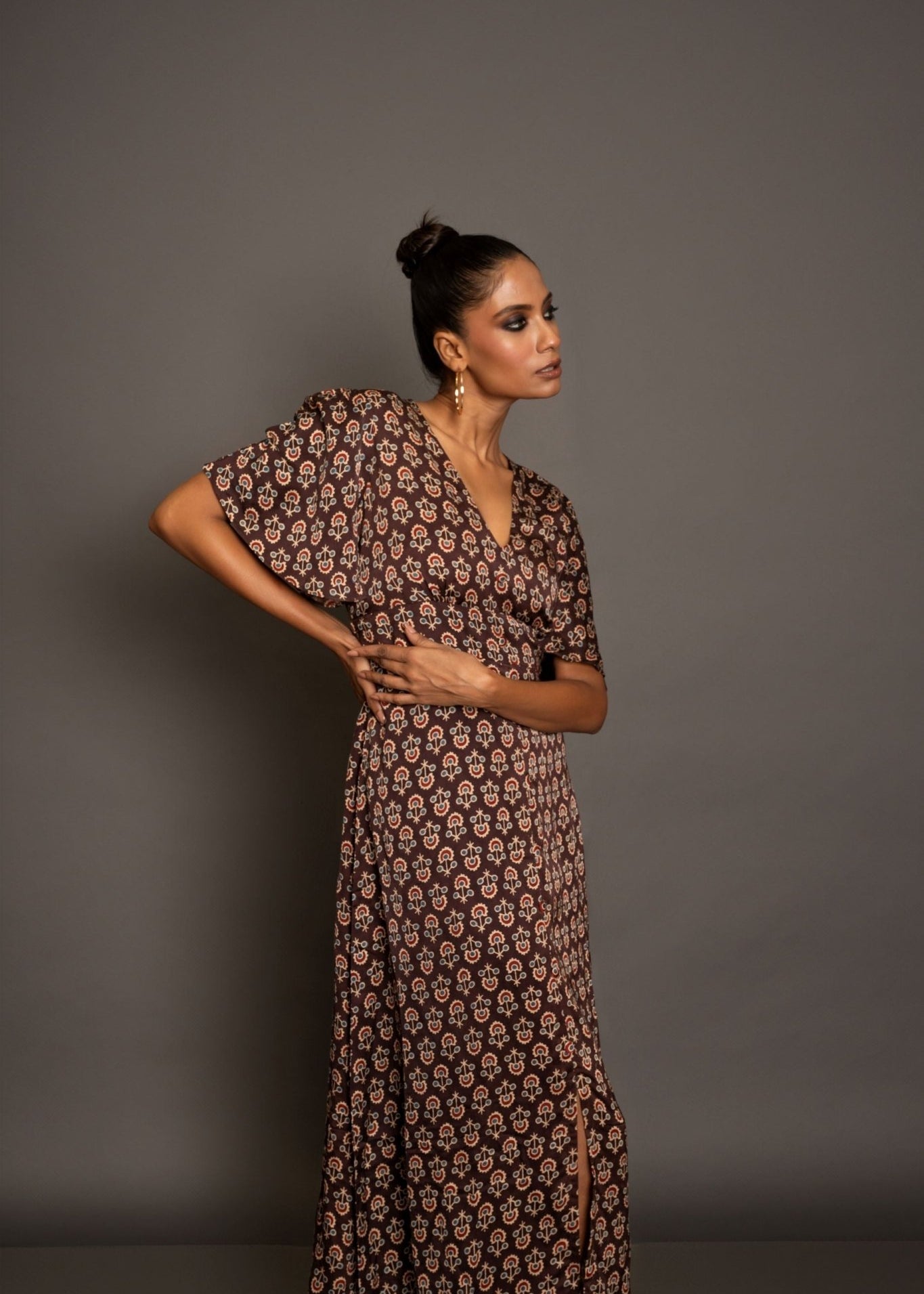 Brown Ajrakh Midi Dress In Satin Silk - Anvi Couture