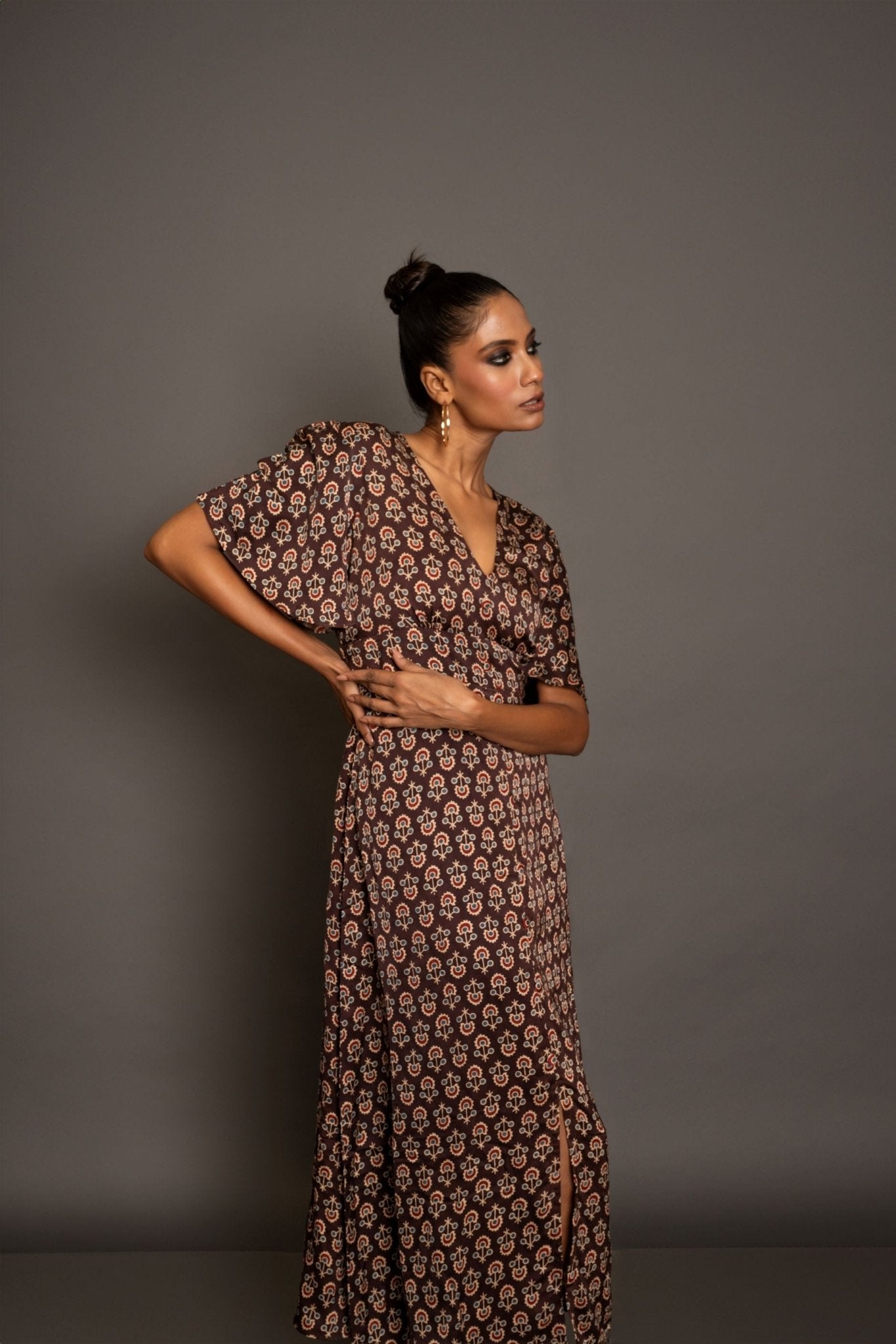 Brown Ajrakh Midi Dress In Satin Silk - Anvi Couture - Image 3