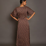 Brown Ajrakh  Midi Dress In Satin Silk Back