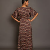 Brown Ajrakh  Midi Dress In Satin Silk Back