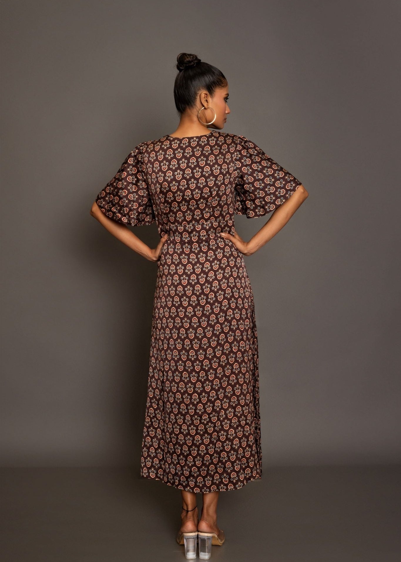 Brown Ajrakh Midi Dress In Satin Silk - Anvi Couture