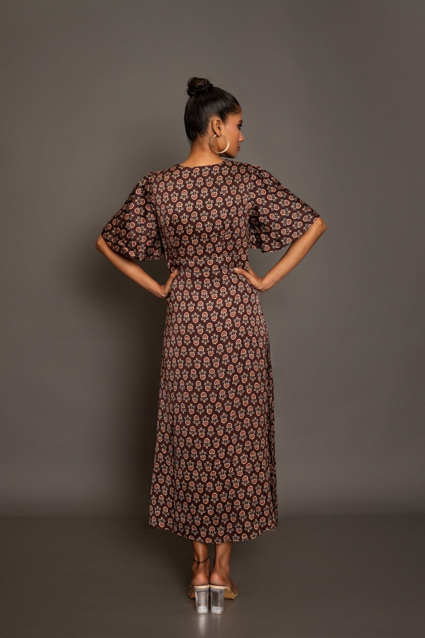 Brown Ajrakh Midi Dress In Satin Silk - Anvi Couture - Image 4