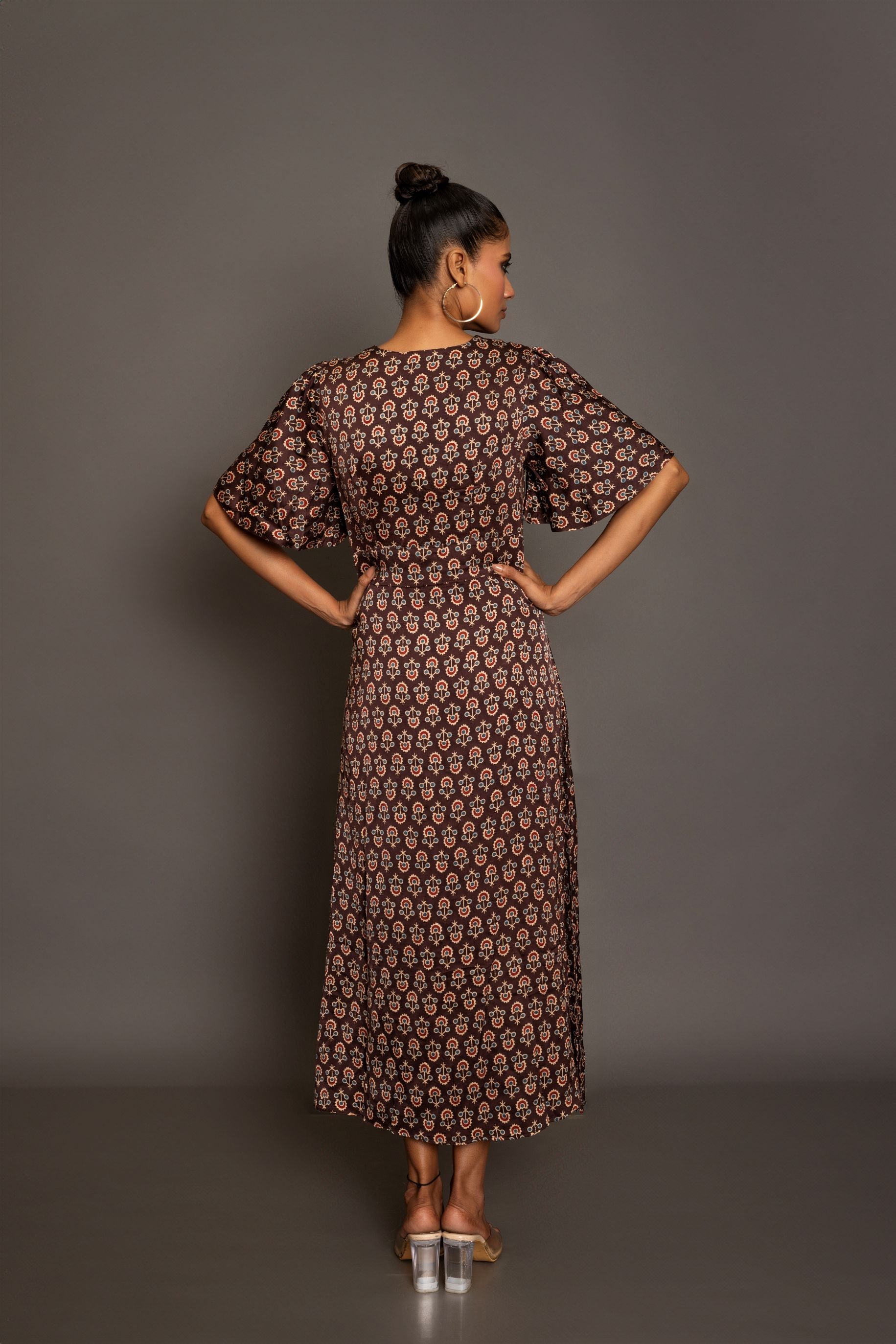 Brown Ajrakh  Midi Dress In Satin Silk Back
