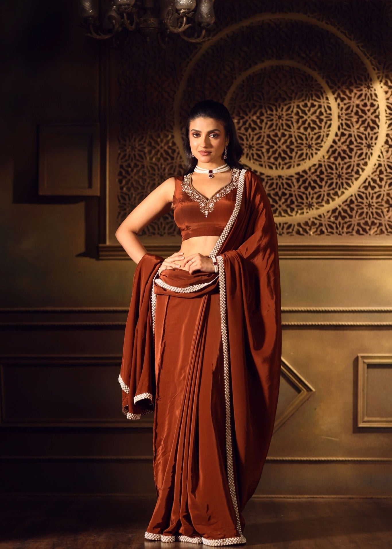 Brown Crepe Silk Saree With Pearl Border - Anvi Couture