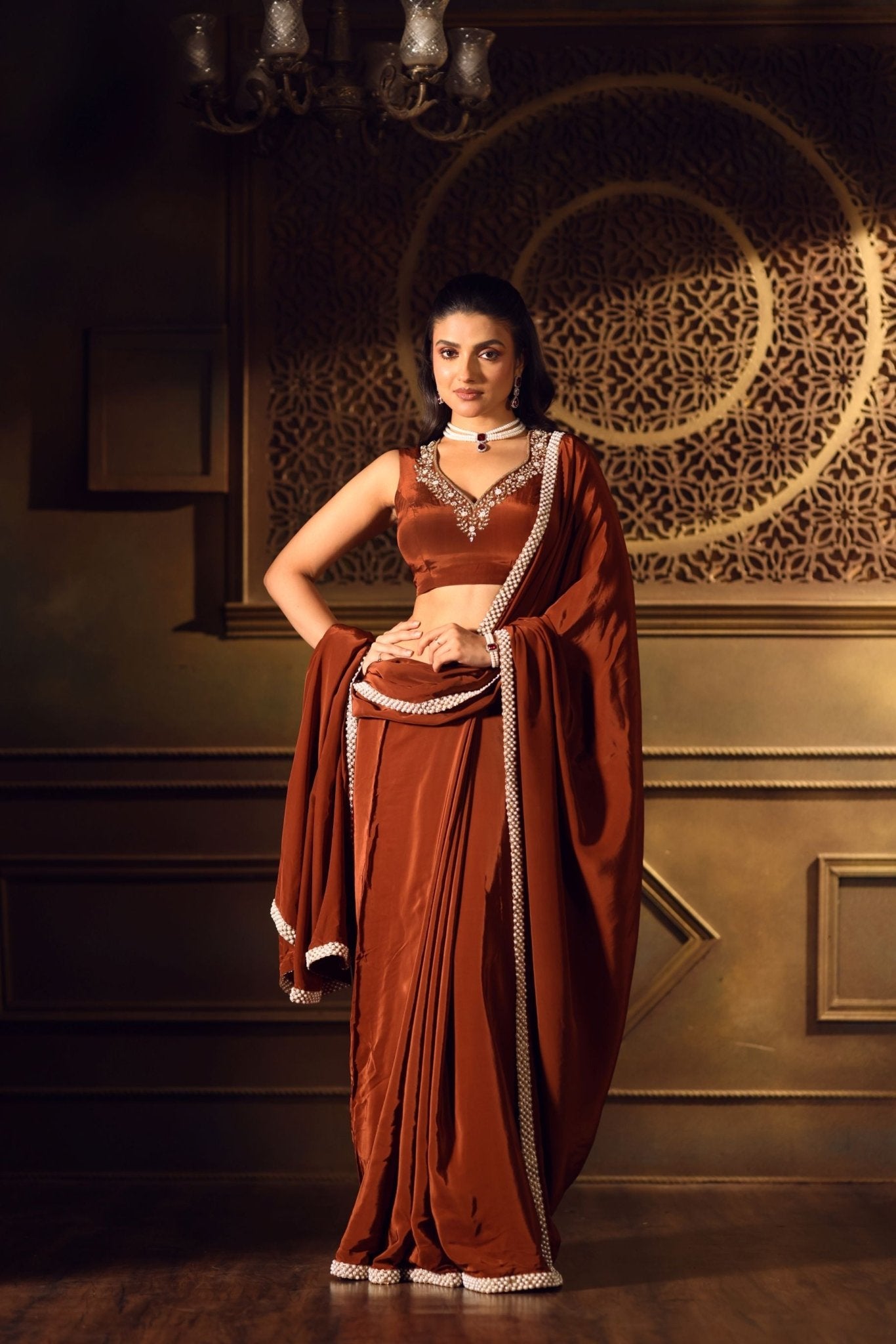 Brown Crepe Silk Saree With Pearl Border - Anvi Couture
