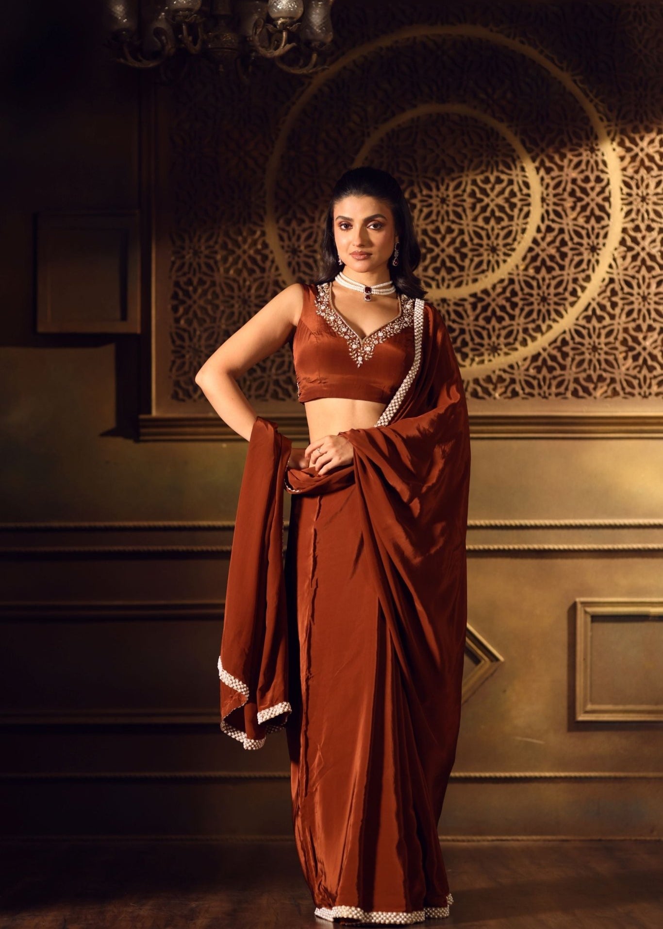 Brown Crepe Silk Saree With Pearl Border - Anvi Couture