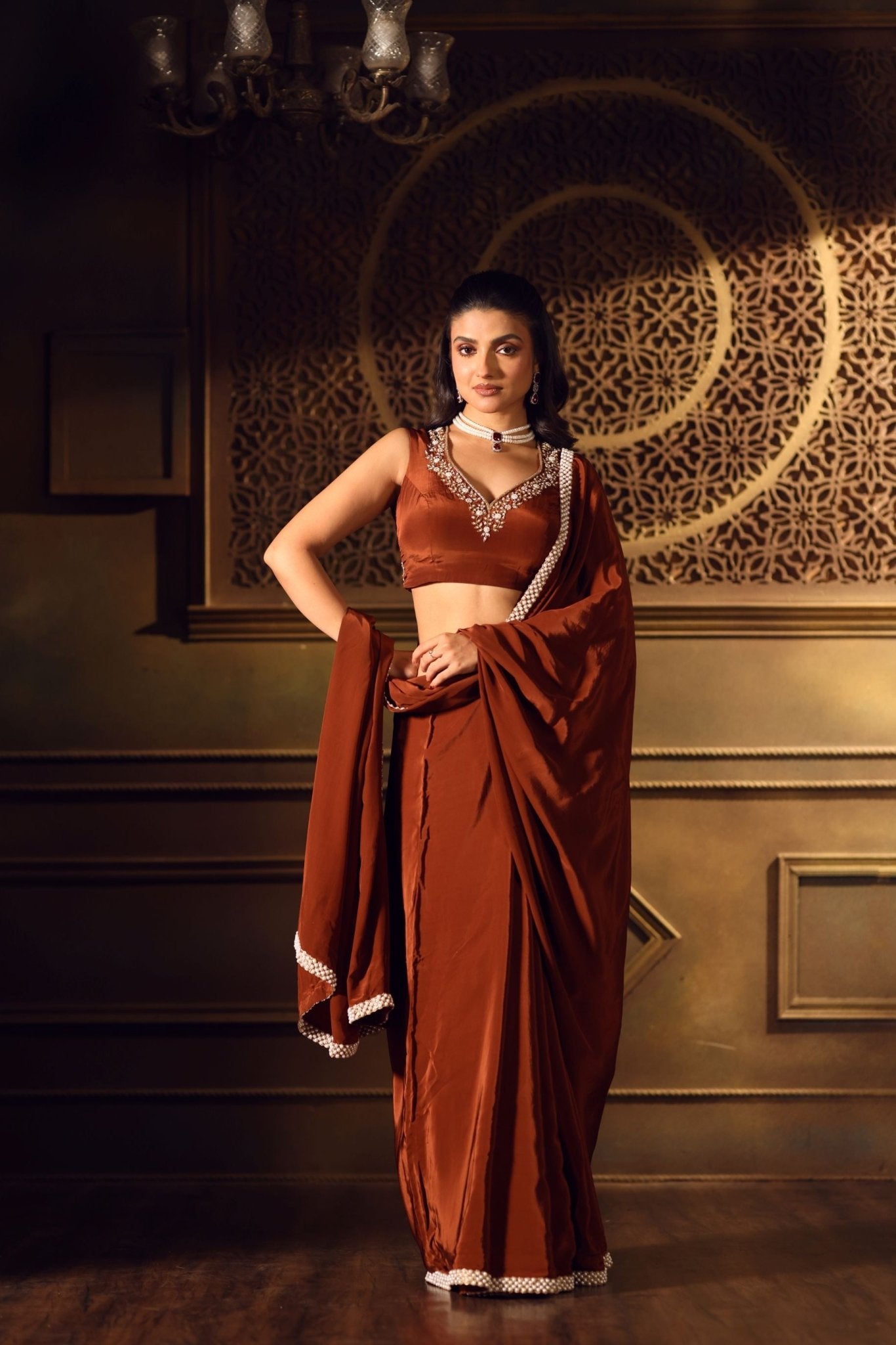 Brown Crepe Silk Saree With Pearl Border - Anvi Couture