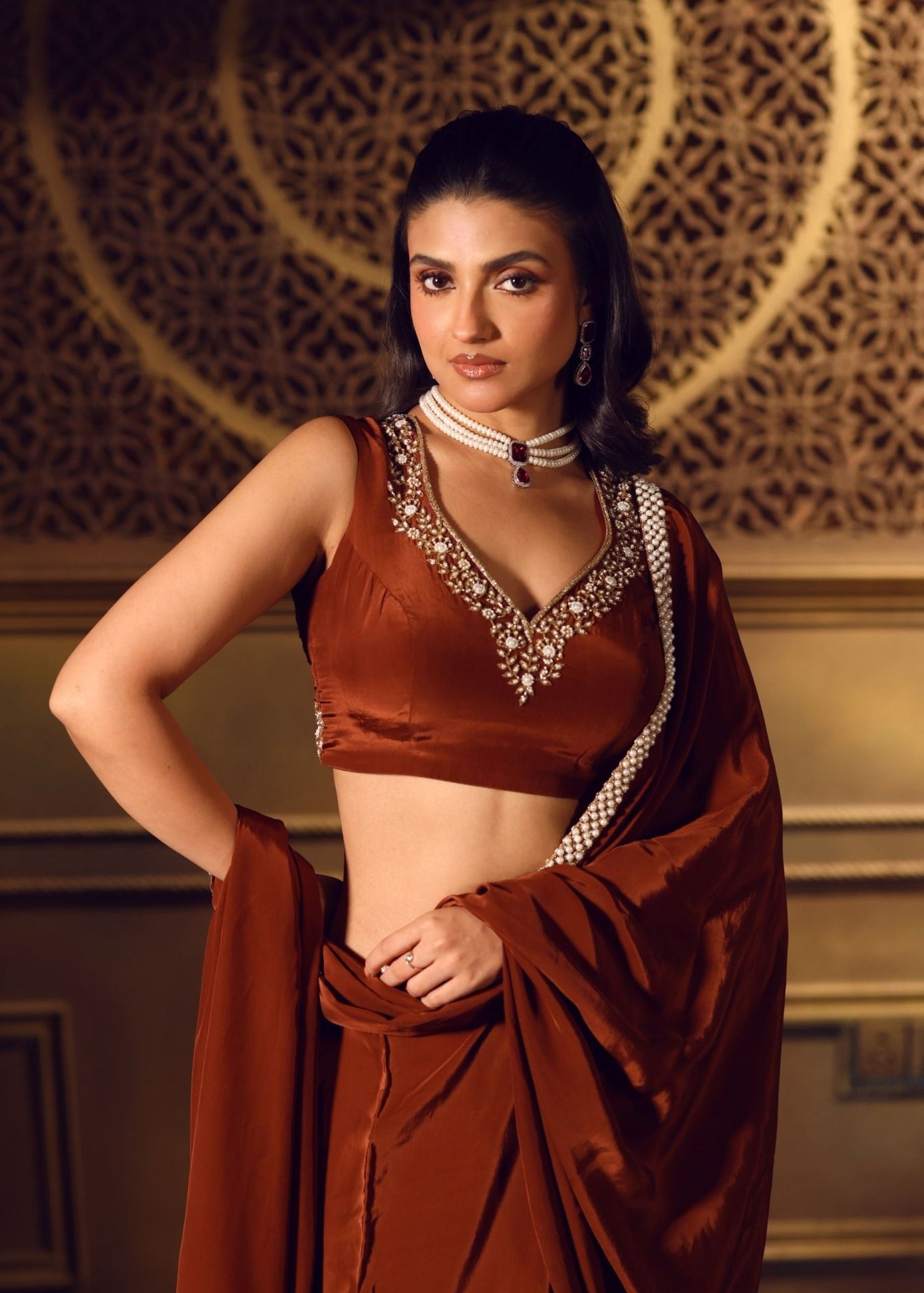 Brown Crepe Silk Saree With Pearl Border - Anvi Couture