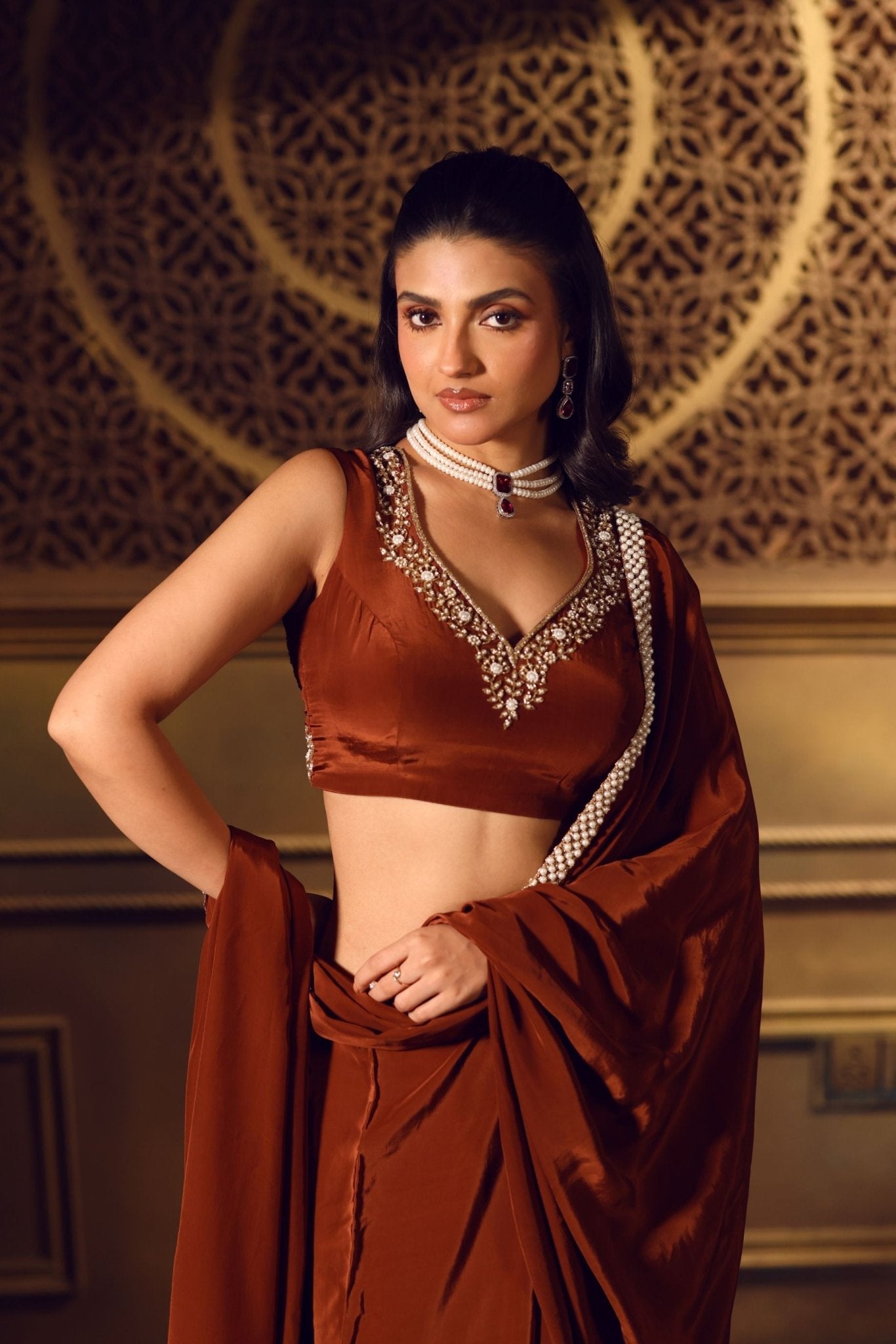 Brown Crepe Silk Saree With Pearl Border - Anvi Couture