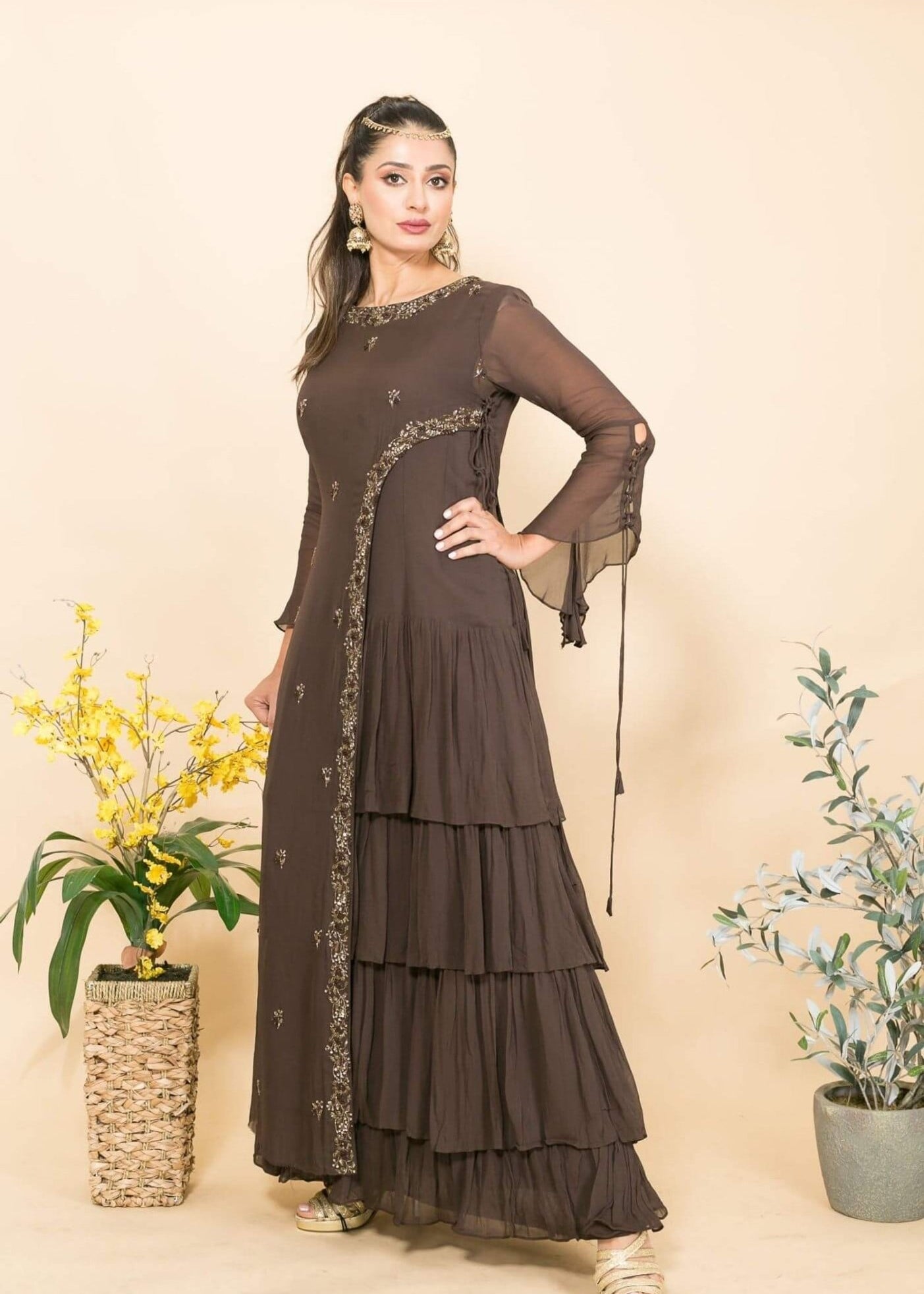 Brown Designer Layered Dress with Sequin and Embroidery Work - Anvi Couture