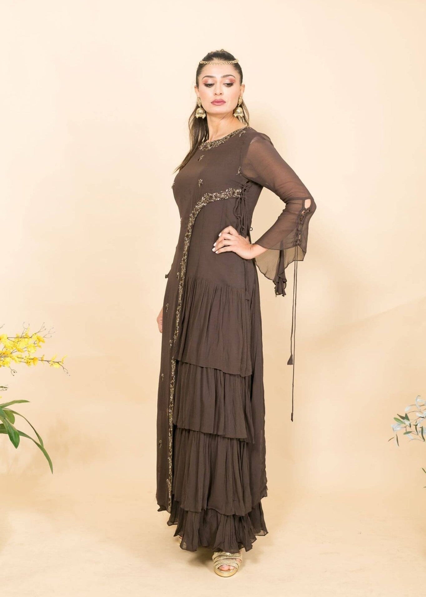 Brown Designer Layered Dress with Sequin and Embroidery Work - Anvi Couture