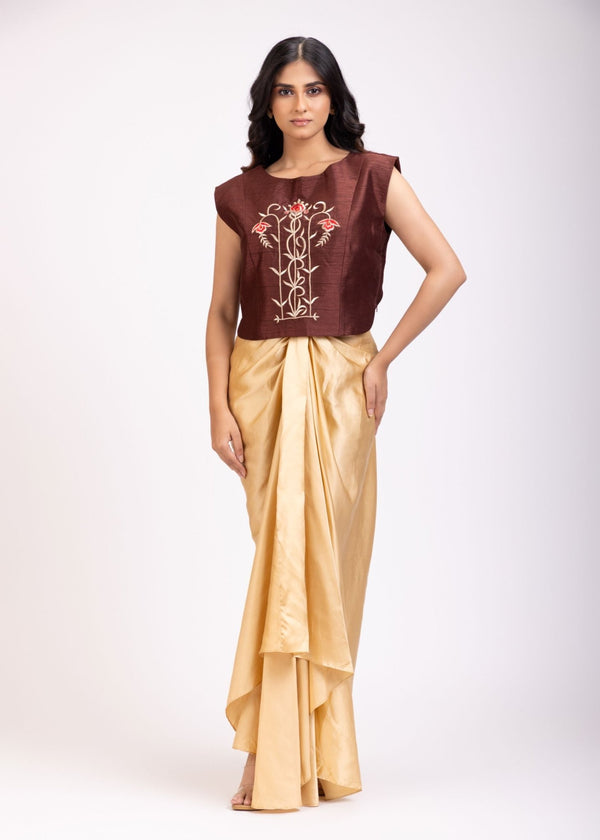 Brown Embroidered Crop Top Drape Skirt Set - Anvi Couture