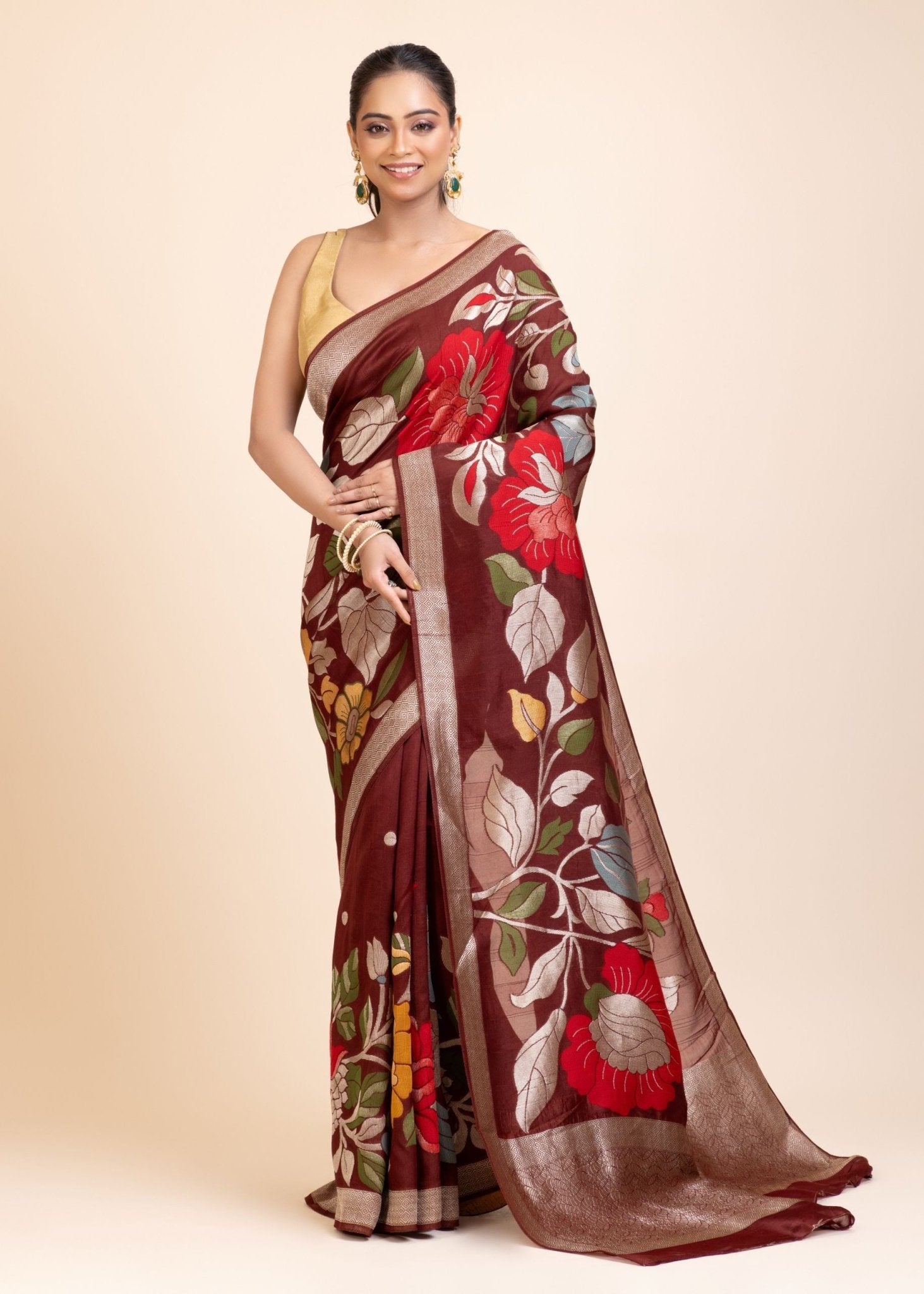 Brown Floral Woven Silk Saree - Anvi Couture