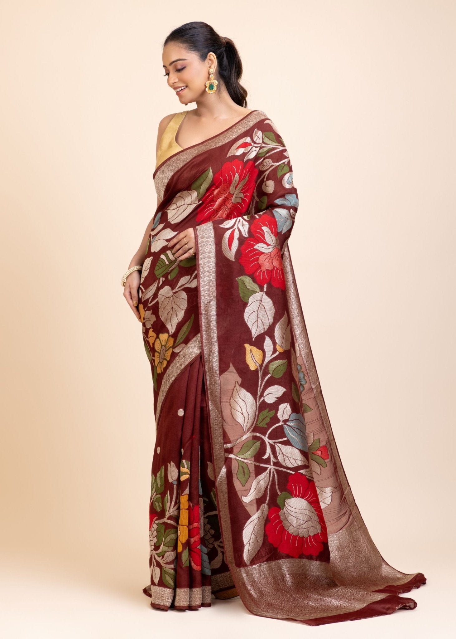 Brown Floral Woven Silk Saree - Anvi Couture