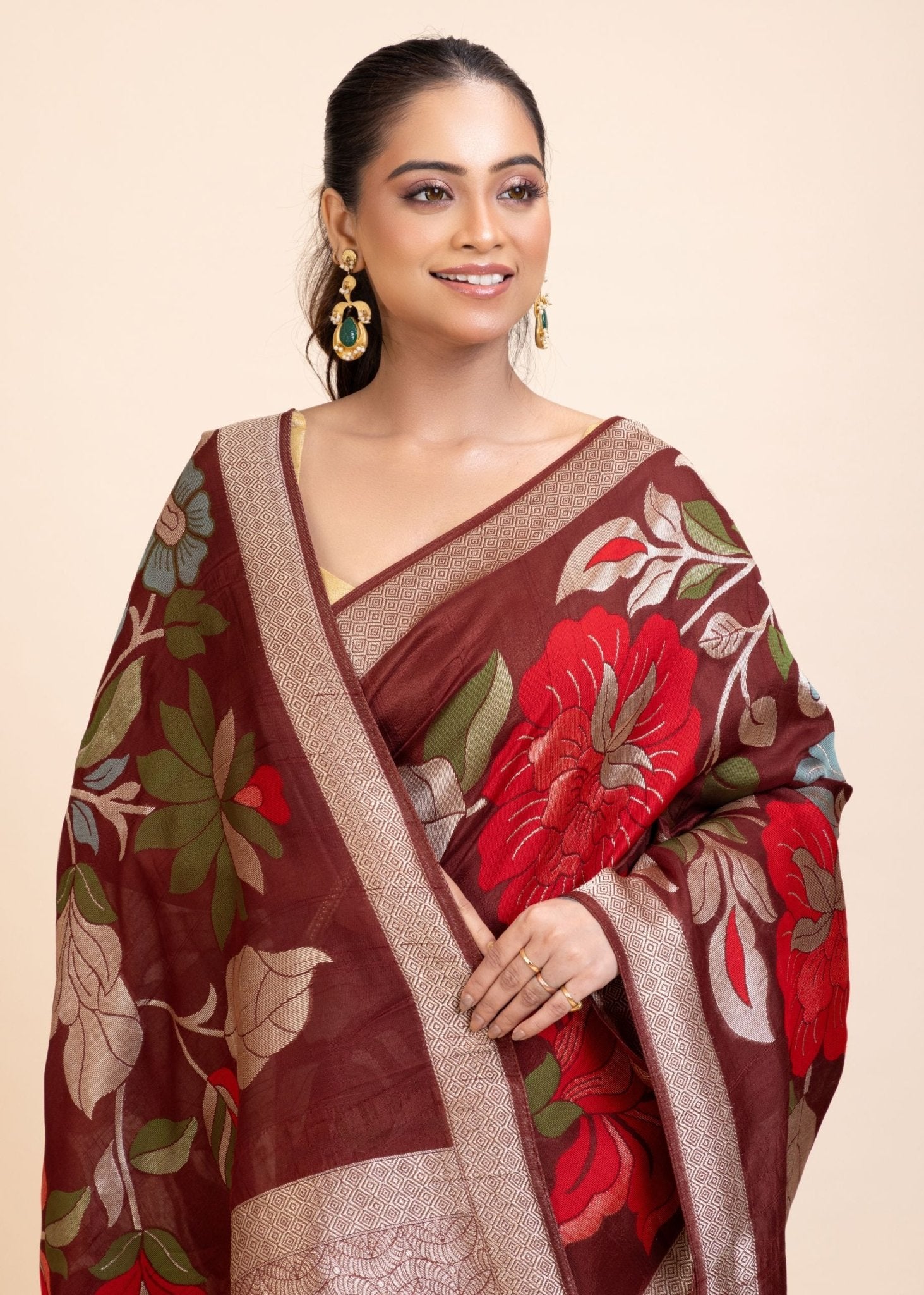 Brown Floral Woven Silk Saree - Anvi Couture