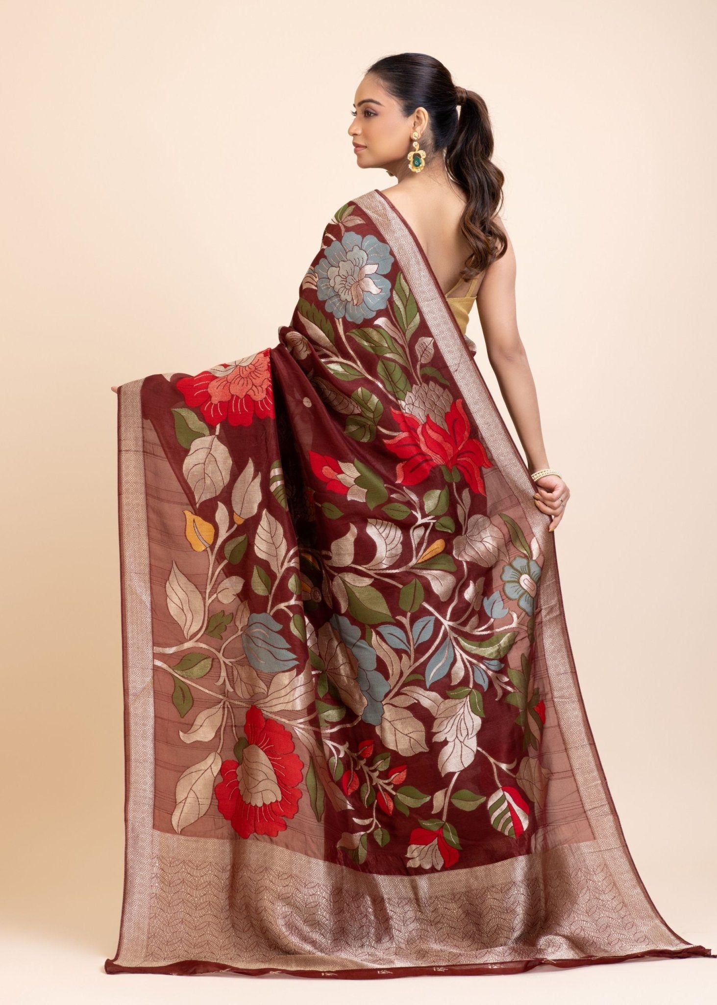 Brown Floral Woven Silk Saree - Anvi Couture