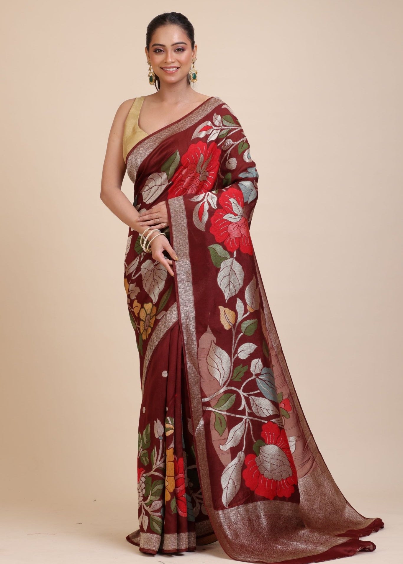 Brown Floral Woven Silk Saree - Anvi Couture