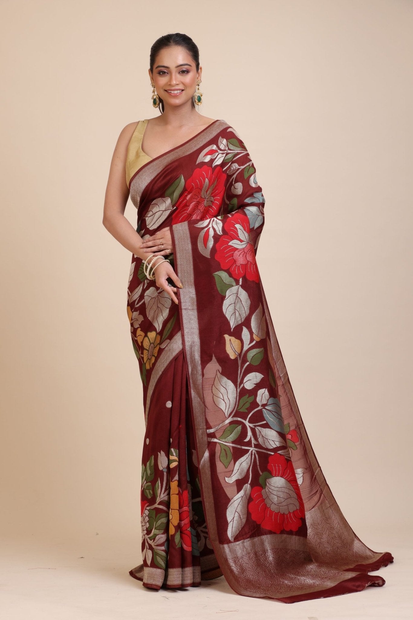 Brown Floral Woven Silk Saree - Anvi Couture