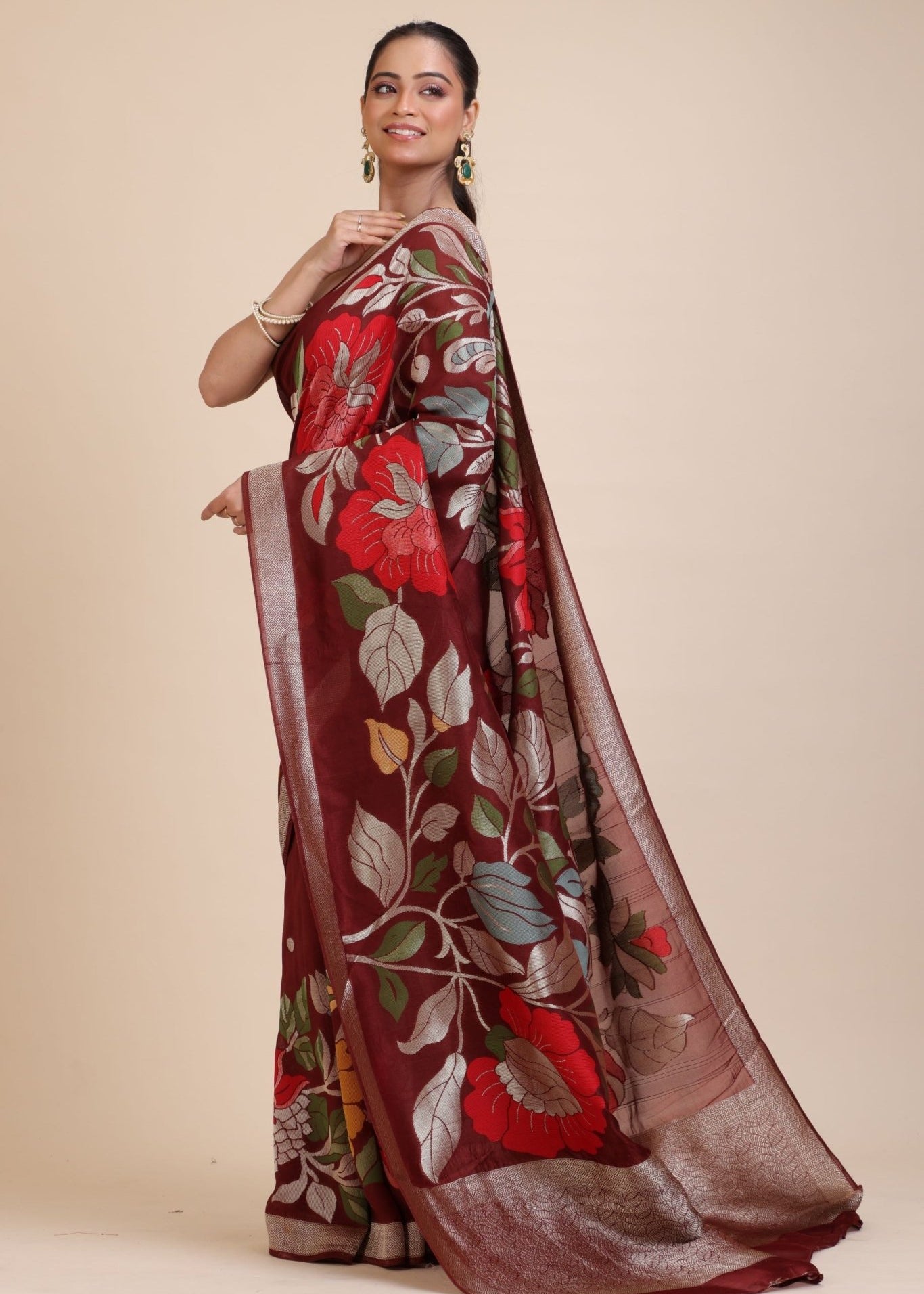 Brown Floral Woven Silk Saree - Anvi Couture